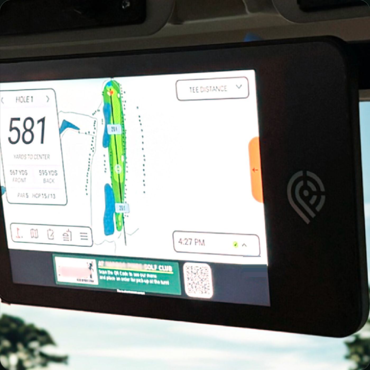 FAIRWAYiQ cart screen mounted under the roof of a golf cart, showing the hole map and yardage